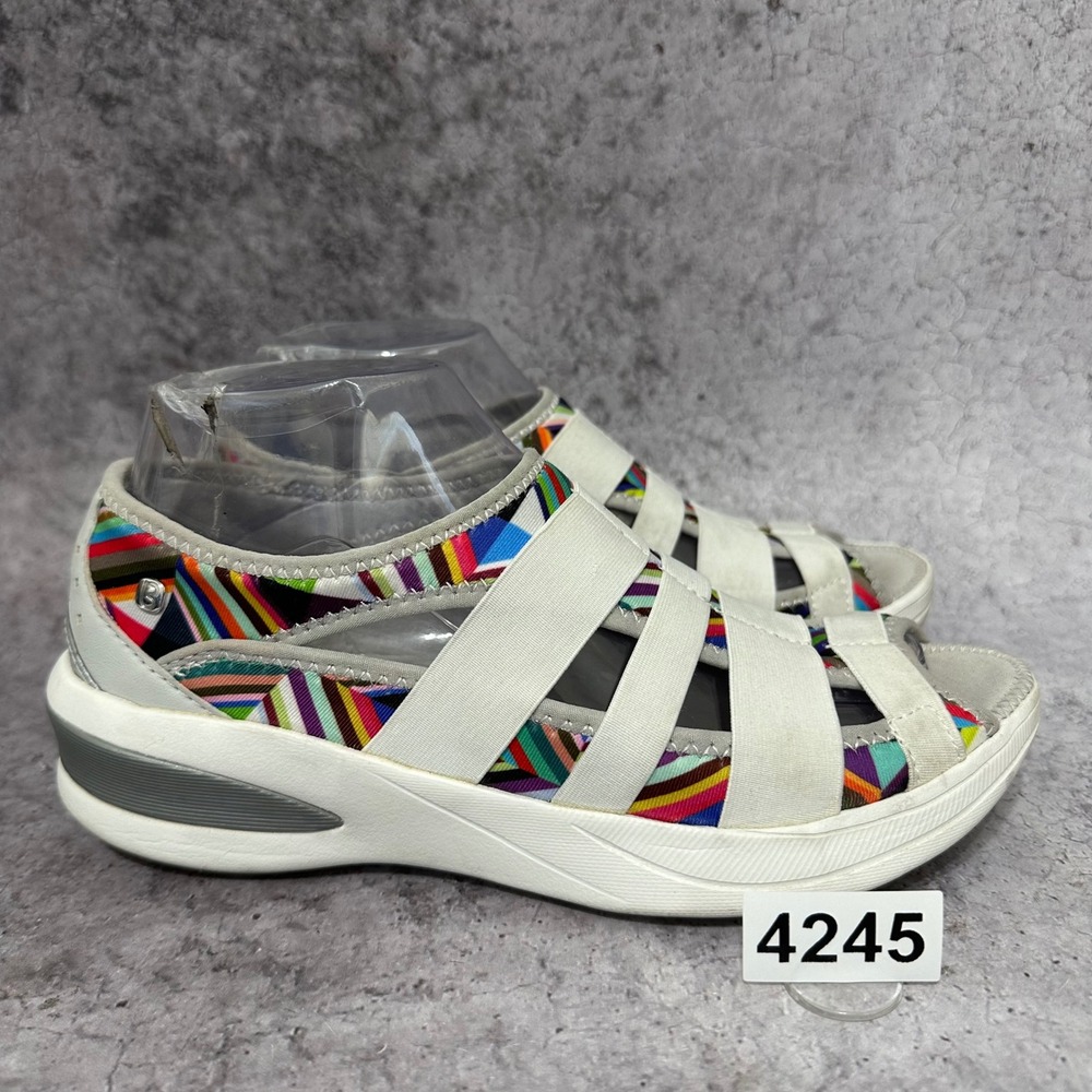 Bzees Frill Wedge Sandals Womens 7.5 White Multi Color Slip On Stretch Comfort
